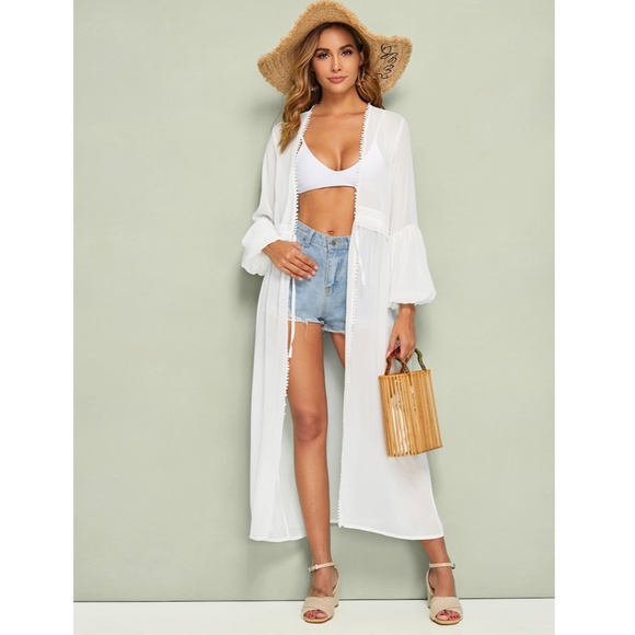 White Waist Tie Drawstring Chiffon Long Kimono - Picture 2 of 6